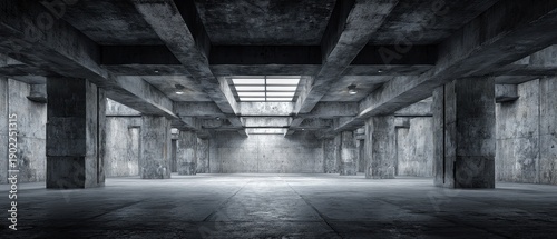 This spacious empty room showcases modern brutalist design with thick concrete columns and ceiling beams. Natural light from a central skylight brightens the gray industrial interior.
