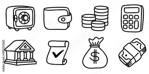 Finance and Banking Hand Drawn Doodle Icon Set.
