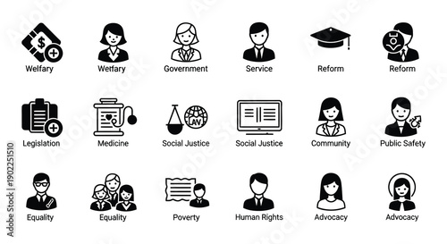 Black glyph icons representing assessment evaluation and data analysis