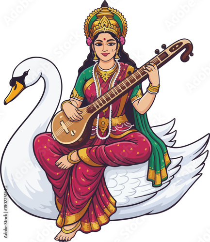 Mythological Music Goddess with Veena Vector Illustration
