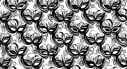 Seamless pattern of black Venetian masks on a white background with floral designs and swirling lines.