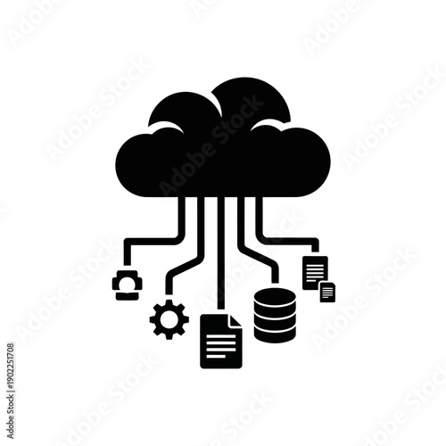 A cloud computing icon with various data storage and management symbols