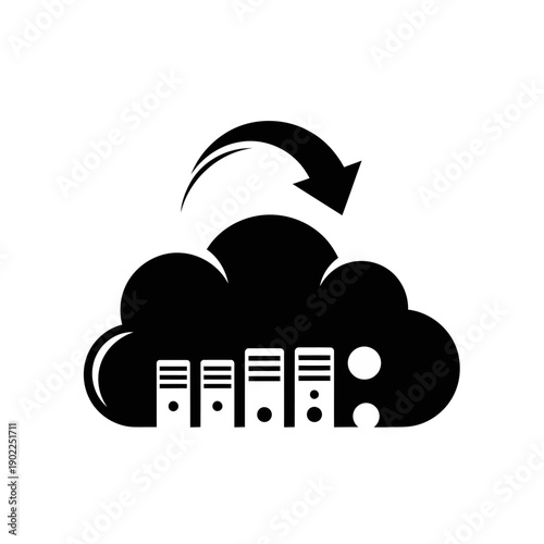 A cloud computing icon with servers and an arrow indicating data transfer