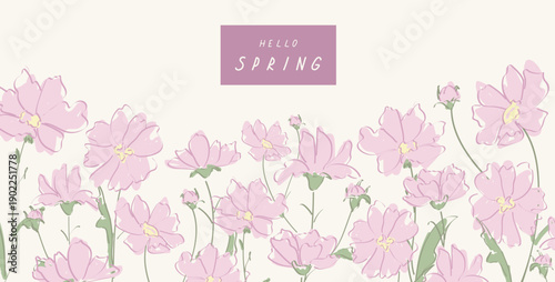 Hello Spring Floral Background with Pink Flowers. Soft spring banner with hand drawn pink flowers and leaves. Romantic floral illustration for greeting cards, posters, social media and seasonal design