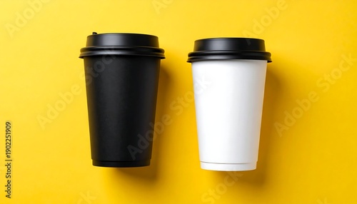 Wallpaper Mural Two to-go coffee cups, one black and one white, on a yellow surface Torontodigital.ca