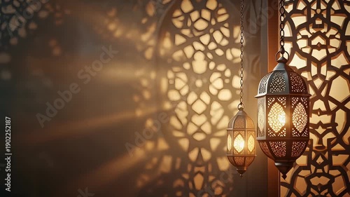 Beautifully lit Moroccan lanterns casting intricate shadows on wall