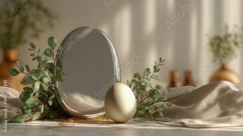 A large silver egg-shaped mirror stands next to a speckled cream egg on a marble surface, surrounded by green eucalyptus branches and soft draped fabric in a bright, sunlit room.
