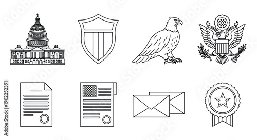 Line art illustrations of government and security symbols including the US Capitol, eagle, shield, and official documents on a white background.
