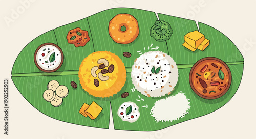 Traditional Indian food arrangement on a green banana leaf with various dishes and condiments against a beige background, flat lay from above.