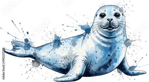 Smiling seal with playful watercolor splashes on white background