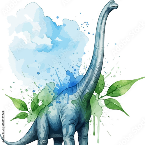 Vibrant dinosaur standing amidst lush green leaves and colorful paint splatters