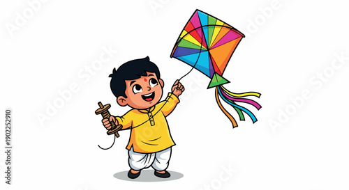A cheerful young boy in a yellow shirt holding a colorful kite with a spool of string on a plain white background.
