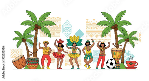 Illustration of diverse people dancing and having fun with palm trees, a soccer ball, and a coffee cup in a colorful tropical setting.