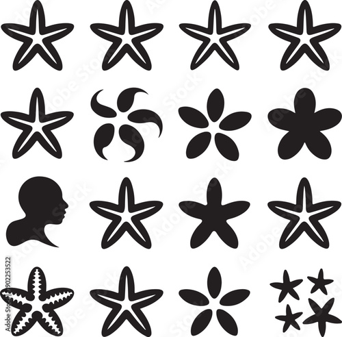 black starfish and sea urchin icons on white background