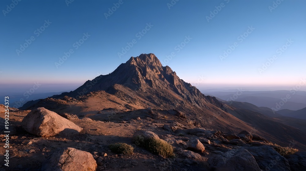 Obraz premium Majestic mountain peak illuminated by dawn s golden light under a clear sky