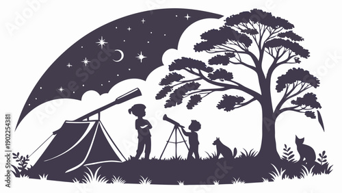 Silhouette of Children Stargazing with Telescope and Tent for Science Education and Family Camping Adventure Illustration with Starry Night Sky Moon Dog and Cat
