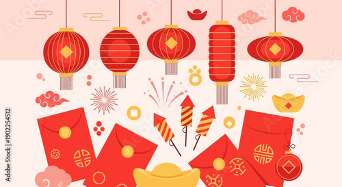 Vibrant illustration of Chinese New Year celebration elements including red lanterns, envelopes, firecrackers, and gold ingots on a light background.