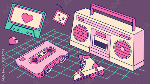 Nostalgic 90s Retro Tech Isometric Design Boombox Cassette Tapes Roller Skate Vaporwave Aesthetic Background for Social Media Marketing
