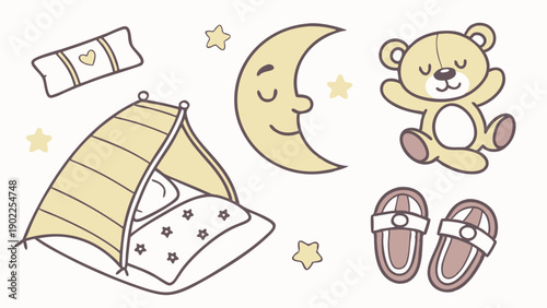 Sweet Dreams Bedtime Illustration Set with Sleeping Teddy Bear Moon and Cozy Tent for Baby Nursery Decor and Children Products