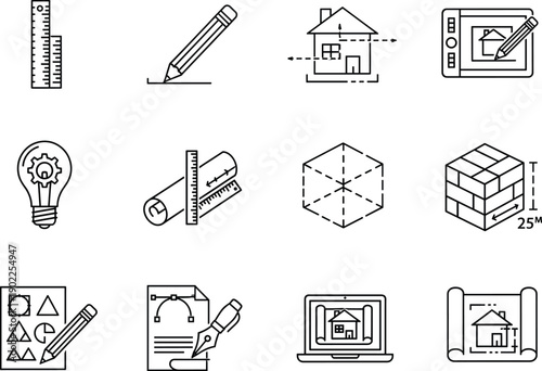 Architectural drafting and design icons set featuring rulers, pencil, blueprint, house, laptop, tablet, cube, innovation