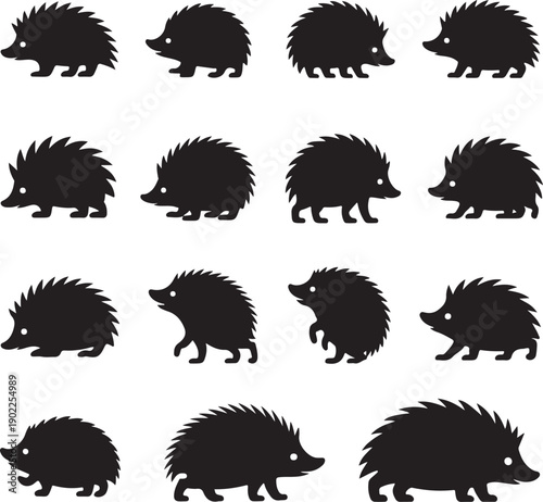 collection of black hedgehogs walking on white background