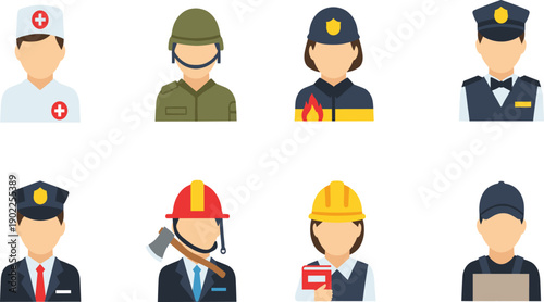 Public Service and Emergency Worker Avatar Vector Set with Nurse Soldier Firefighter Police Officer Builder and Safety Professionals