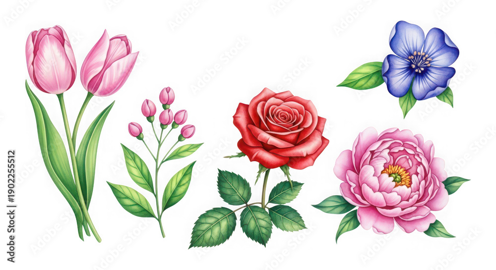 Naklejka premium Colorful assortment of flowers including tulips, roses, and violets isolated on transparent background