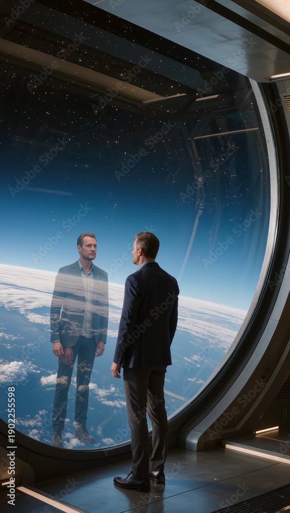 Fototapeta premium Man stands in a futuristic spaceship, gazing through a large circular window at planet earth below, his reflection mirroring contemplation of future, ambition and exploration