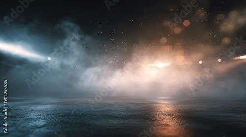 Dark cinematic background with a reflective wet surface and thick fog illuminated by contrasting blue and orange light sources with glowing bokeh and floating particles.