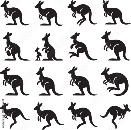 Collection of various kangaroo silhouettes on white background