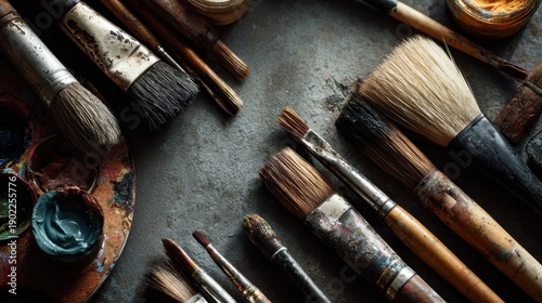 Various paintbrushes and a palette with thick oil or acrylic paint are scattered across a dark, weathered tabletop. This close-up shot highlights the tools of a professional artist.