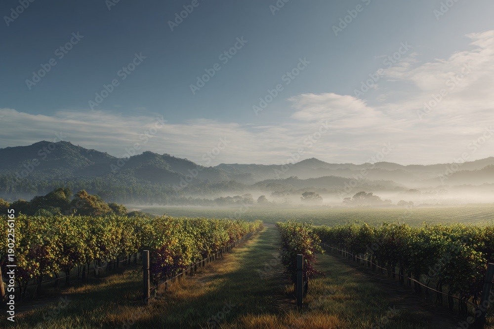 Fototapeta premium A scenic view of a lush vineyard at dawn, with rows of grapevines stretching toward misty mountains under a clear blue sky. The morning fog settles over the valley in a peaceful landscape.