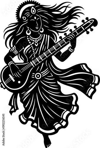 Mythical Goddess Veena Black Silhouette Vector