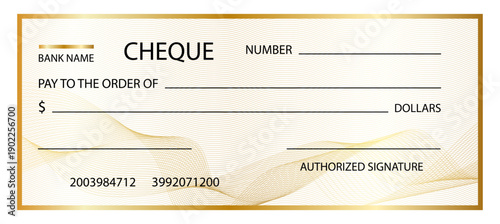 Cheque bank blank template with golden gradient guilloche watermark pattern