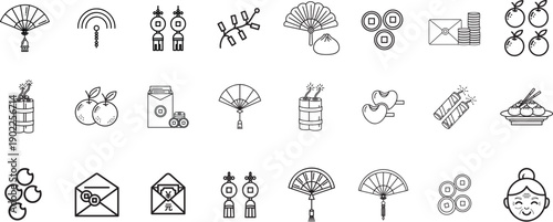 Traditional Chinese New Year Line Icons Set Featuring Fans Coins Red Envelopes and Food