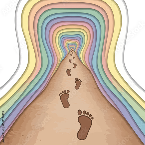 Footprints along a colorful path symbolizing life's journey with a whimsical design background for creative projects and inspirational themes.