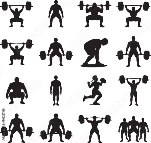 set of black silhouette men doing exercises with dumbbells and barbells