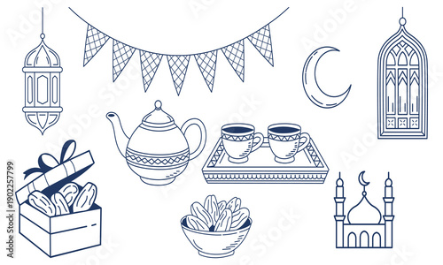 Ramadan Kareem decorations and food items