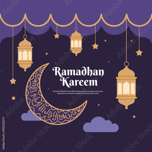 Ramadan Kareem greeting card with crescent moon and lanterns