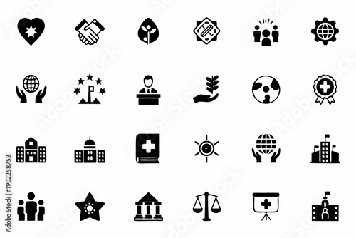 Collection of diverse black icons representing business nature and societal concepts