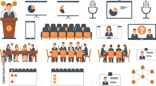 Business Conference and Meeting Vector Set with Presentation Speaker Audience Boardroom Discussion Webinar Charts and Corporate Communication Scenes