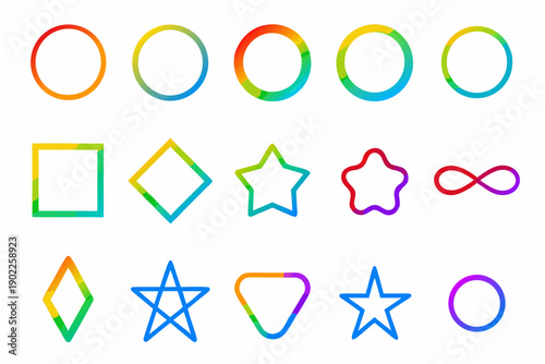 Colorful geometric shapes arranged in rows on a white background