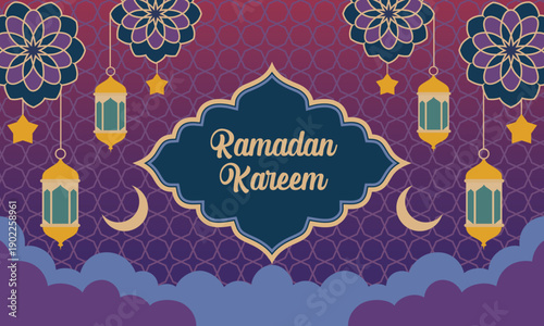 Ramadan Kareem greeting card with lanterns and crescent moons