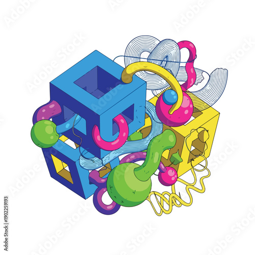 Colorful 3D Cube Toy with Tubes.
