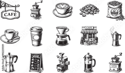 Collection of meticulously hand-drawn coffee-related illustrations, a celebration of the beloved beverage's essence in a timeless, vintage aesthetic.