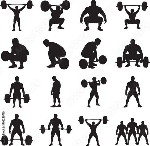 silhouette of people exercising with dumbbells and barbells