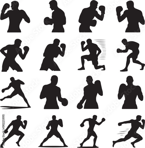 Silhouettes of boxers in various fighting poses and movements