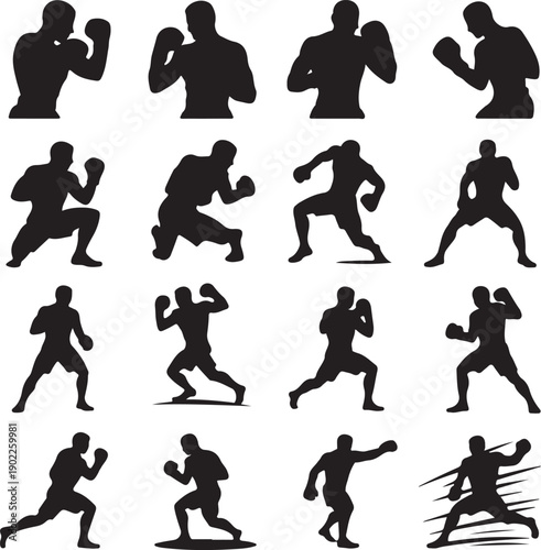 Silhouettes of boxers in various fighting poses and movements