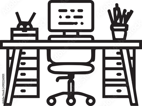 Modern minimalist workspace. A sleek, minimalist illustration showcasing a computer, desk, and office accessories. 