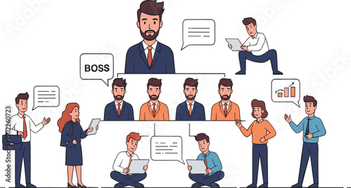 Business Team and Leadership Vector Illustration with Manager Employees Communication Collaboration Strategy Discussion and Office Work Scenes